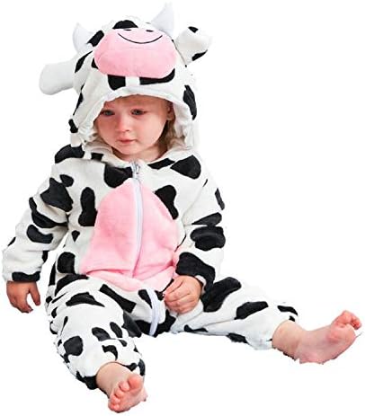 FIZUOXVE Newborn Infant Baby Boys Girls Winter Cute Milk Cow Hooded Romper Costume Warm Fleece Jumpsuit