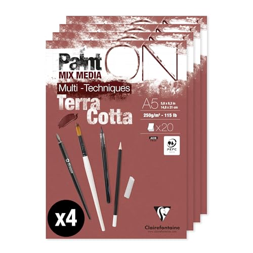 Clairefontaine 976152Cpack Paquet de 4 Blocs Encolles PaintON Multi-Techniques A5 14,8x21 cm 250g - 20 Feuilles Papier Dessin au Grain Legerement Rugueux - Terracotta