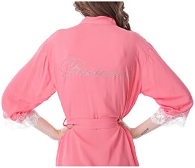 Juntian Women's Lace Cotton Robes Bridesmaid and Bride Wedding And Bridal Party Robes Short Sleeves Robes, Darkpink-bridesmaid, Small