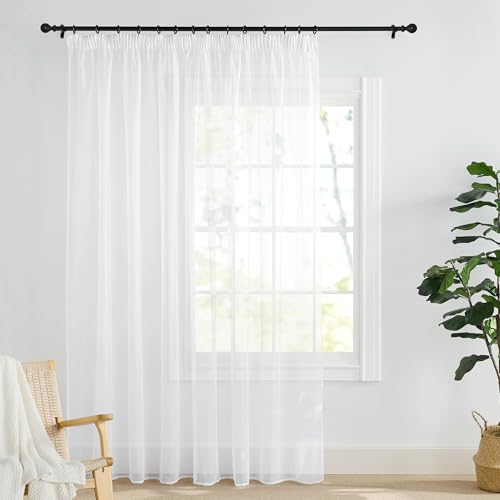 PONY DANCE Extra Wide Curtain, White, Transparent, Set of 1, H 245 x W 300 cm, Voile Curtain for Living Room & Bedroom with 3-in-1 Ruffle Tape for Rail & Pole