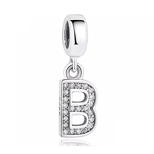 FeatherWish Sterling Silver 925 Letter B Charm With Cubic Zirconia Compatible With Pandora Bracelet (Letter B)