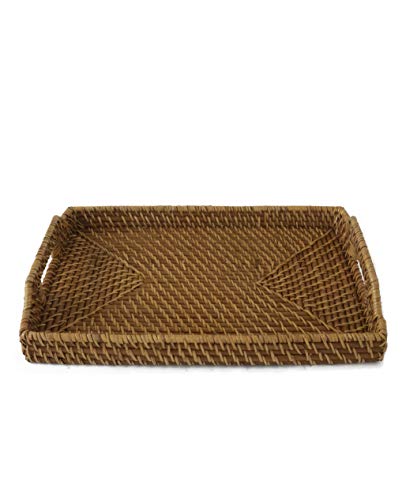 Wicker Serving Trays and Platters with Handles | Handcrafted Breakfast, Food, Dish, Coffee, Bread Serving Baskets for Home and Restaurants (12 x 17 (Tan))