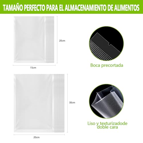Rantuia 200PCS Bolsas para Sellar al Vacío 15 x 20/20 x 30cm, Bolsas de Vacio para Alimentos, Bolsas Envasar al Vacio, Se Utiliza para Conservar Verduras, Frutas y Carnes.