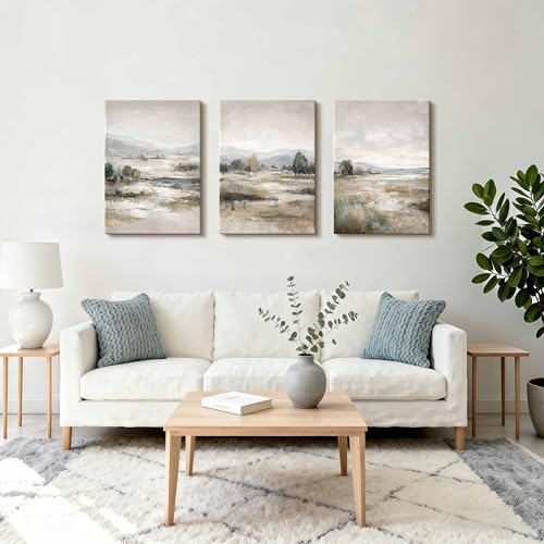 3 Pcs Abstract Fog Field Modern Pictures Decoration With Frame, Blue Beige Mountains Landscape Picture and Prints Retro Tranquility Marisma Decorative Canvases Home for Living Room Bedroom 50 x 70 cm