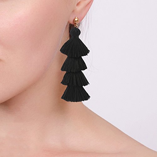 BaubleStar Fashion Gold Tassel Dangle Earrings Layered Long Bonita Tiered Black Thread Tassel Drop Statement Jewelry for Women Girls BAN0054B1