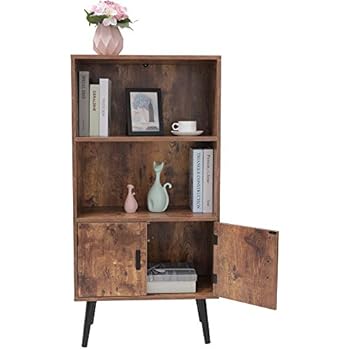 USIKEY Mid-Century Bookcase Storage Cabinet, 2-Tier Bookshelf Wine Cupboard with Door, Storage Rack Shelf for Books Photos Decorations, in Living Room Office Library, Rustic Brown