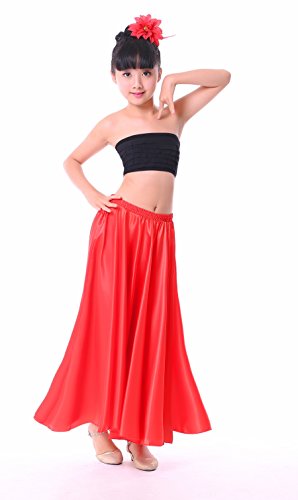 Red 5-7 Years Stretched Flowy Satin Long Skirt for Halloween Costume Dress up Flamenco Dance Performance
