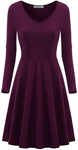 Yomilin Women's Long Sleeve V Neck Casual Flared Midi Dress Dark Purple L
