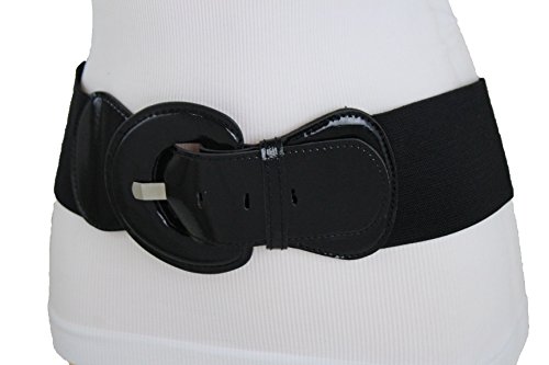 TFJ Women Fashion Wide Elstic Belt Hip High Waist Black Faux Patent Leather M L XL