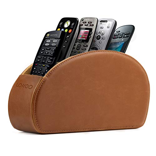 LONDO Remote Control Holder with 5 Pockets - Store DVD, Blu-Ray, TV, Roku or Apple TV Remotes - PU Leather with Suede Lining - Slim, Compact Living or Bedroom Storage