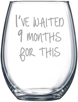 Mom Wine Glass | I've Waited 9 Months For This Stemless Wine Glass by Fly Low Creations | Humorous Glass | Just add 15 oz of pure happiness, or wine, which is pretty much the same thing