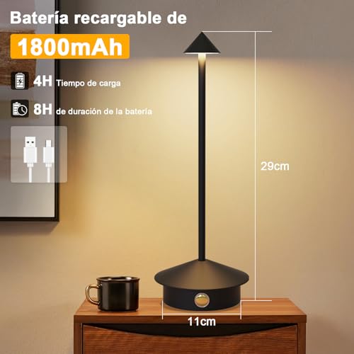 Sunsign Lámparas de Mesa Inalámbricas, Pequeña Lámpara de Escritorio Portátil,3 Temperaturas de Color y Regulable, Lámparas de Mesa para Dormitorio, para Sala de Estar, Restaurante (Negro)