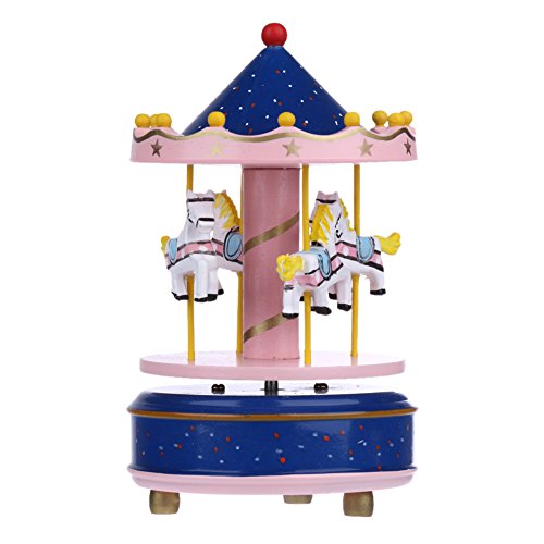 Leagway Wooden Merry-Go-Round Music Box 4 Horses Rotating Carousel Birthday Valentine's Christmas Kids Girls Children Gifts Toy Decorations
