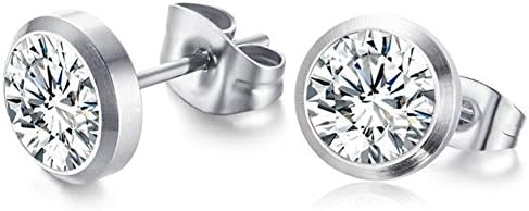 Youree 18K Gold 8MM Stainless Steel Brilliant Cut Cubic Zirconia Simulated Diamond CZ Stud Earrings (ED-83) (8mm, Silver)
