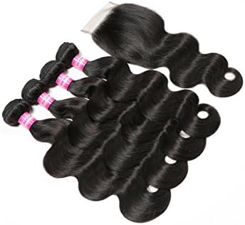BILSTAL Brazilian Virgin Hair Body Wave Human Hair Weave 4 Bundles with 4ร4 Lace Closure 100% Unprocessed Hair Extensions Natural Color (20 22 24 26 with 18 Free Part)