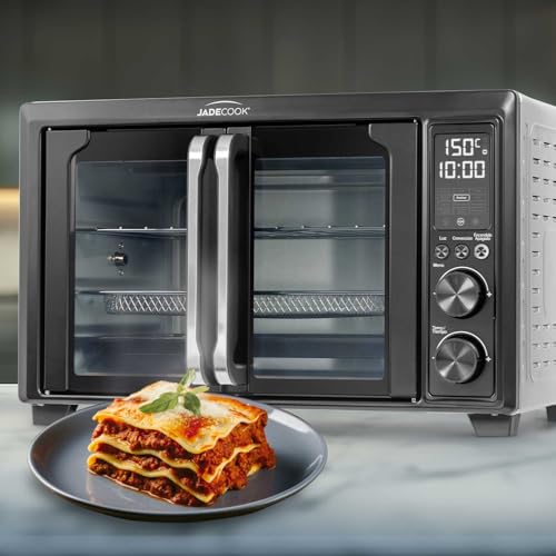 JadeCook Horno Eléctrico con Freidora de Aire de 30 Litros, Temperatura de 100 °C a 230 °C, Apagado Automático, Doble Puerta de Vidrio Templado, Frie Rostiza, Hornea, Cocina Saludable, Color Negro