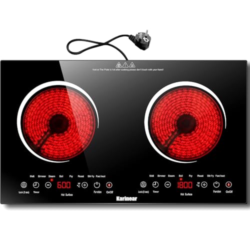 Karinear, 2-burner ceramic hob, electric hob, portable electric hob with VDE socket, child safety, residual heat indicator, 220-240 V