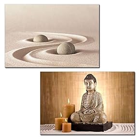 2 Panel Canvas Wall Art - Spa Still Life with Zen Garden and Buddha Statue - Giclee Print Gallery Wrap Modern Home Art Ready to Hang - 16"x24" x 2 Panels