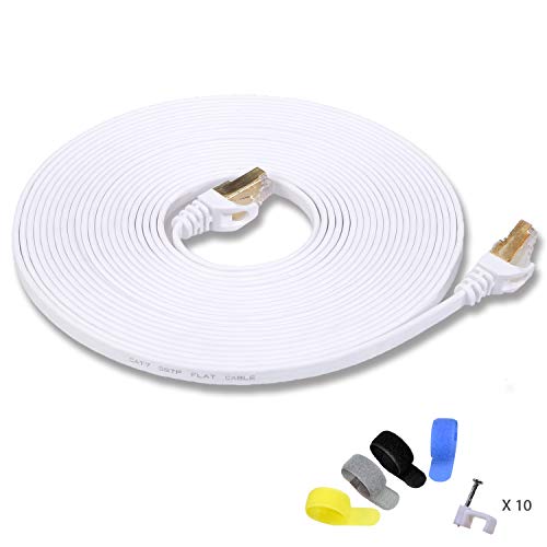 Cat7 Shielded Ethernet Cable 25ft White (Highest Speed Cable) Flat Internet Network Cable with Snagless RJ45 Connector for Modem, Router, LAN, Computer