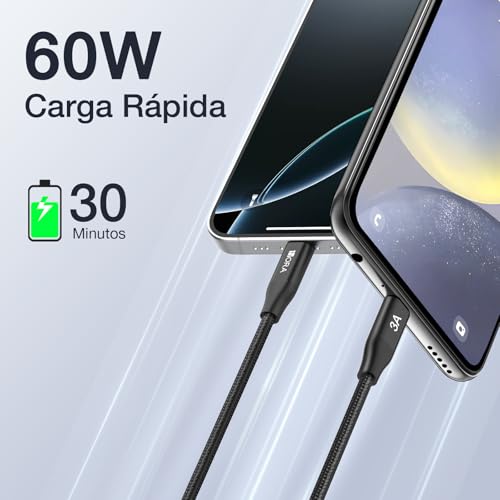 1HORA Cable USB C a USB C 3A 60W PD, 2M Paquete de 2, Tipo C a Tipo C Carga Rápida, Nylon Trenzado, Compatible con Samsung Galaxy S25/S24, IP17/16/15, iPad Pro 2024, MacBook Pro 2023, Android