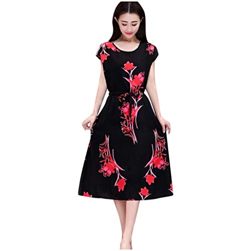 Lutos Women Elegant O-Neck Short Sleeve Long Dress Casual Flower Printed Slim A-Line Dress