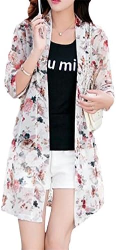 Bigbarry Womens Chiffon Kimono Floral Print Sheer Cardigan Blouse Beach Cover Ups Beige XL