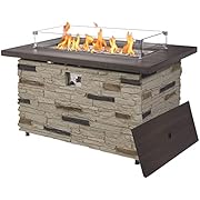 PIZZELLO 43" Propane Fire Pit Table Outdoor Rectangular Stone Firepit Table 50000 Btu Propane Fire Tables for Outside Patio with Glass Wind Guard, Lid, Fire Glass Beads (Buff)