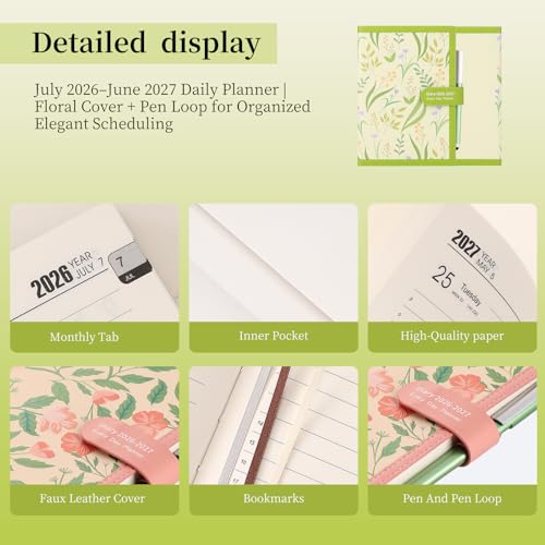 Mljtoyo 2026-2027 Academic Planner A5 Page A Day Planner Soft Cover Organizer Daily Planner July 2025 - June 2026, A5 Daily Planner with Pen, Stickers, Back Pocket, 3