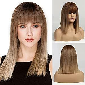 EMMOR Ombre Brown Bob Wigs With Bangs - Heat Resistant Synthetic Wigs
