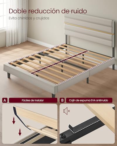 Marco de Cama Matrimonial, Marco para Colchón de 160 x 200 cm, Cabecero Acolchado Ajustable, Metal y Madera, Estilo Moderno, Beige Cappuccino RMB505LH01