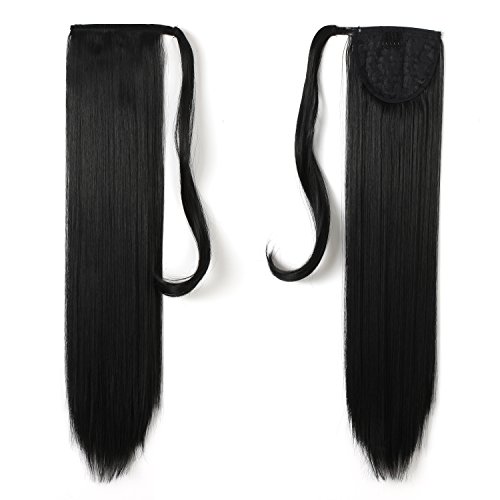 OneDor 24" Straight Wrap Around Ponytail Extension for Woman Synthetic Hair 120g-130g (1B# Off Black)