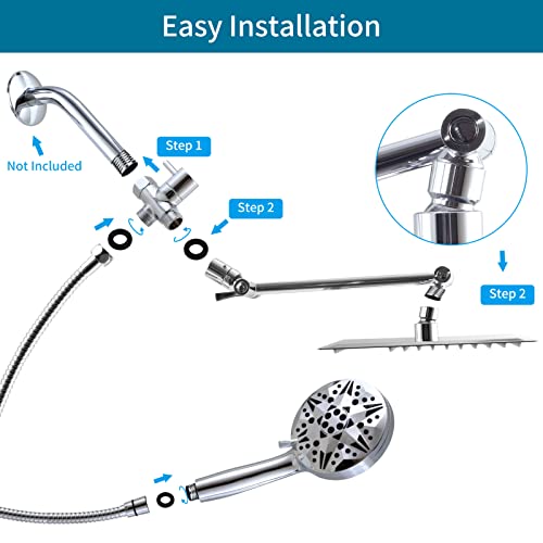 High Pressure Shower Heads Combo, 10\'\' Stainless Steel Anti Clog Shower Head and 10-Modes Chrome Finish Handheld Spray with Adhesive Holder & 60\'\' Hose, Adjustable Extension Arm & 3-Way Water Diverter