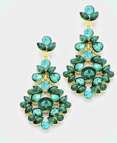 2.5" Green Emerald Gold Long Teardrop Crystal Pageant Bridal Earrings Formal For Women Girls