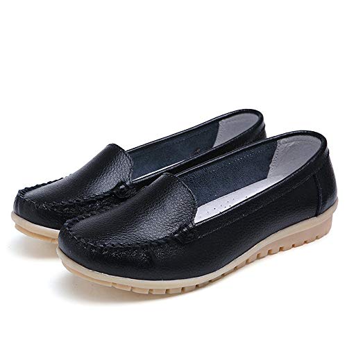 Women's Slip On Flat Shoes,Comfort Walking Leather Loafers Round Toe Driving Shoes Soft Bottom Sneakers Office Work Shoes (Black, US:7.5)