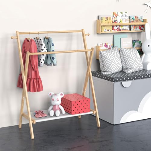 Homodoskey Kids Clothing Rack, Small Clothes Rack for Toddler Pets Dogs Cats, Kids Dress Up Rack with Storage Shelf & Double Rods, Foldable Kids Clothes Rack for Nursery Child's Room