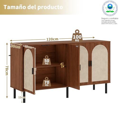Simple Wisdom Alacenas para Cocina 1.2 M,Bufetera Mueble con 4 Puertas,Credenza Bufetera con 4 Puertas de Ratán Natural,para Cocina, Comedor, Sala de Estar. (Color Nogal)