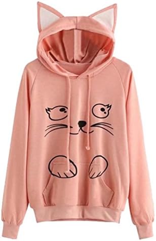 Girl's Long Sleeve Kangaroo Pockets Slogan Letter Print Cute Cat Ear Pullover Hoodie