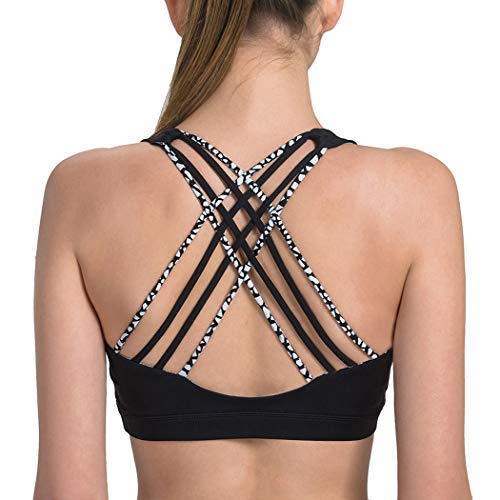 Matymats Padded Sports Bra Women's YogaTops Medium Impact Cross Back Wirefree Two-Tone Black