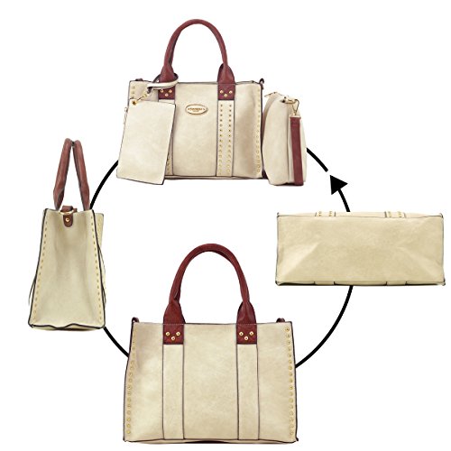 Women Handbag 3 Pieces Set Leather Shoulder Bag Satchel Purse 3 in 1 Simple Design Beige/Coffee