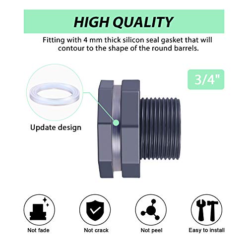 2 Pieces PVC Bulkhead Fitting for Rain Barrels, Aquariums, Water Tanks