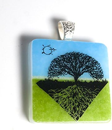 Square Tree and Birds Pendant Necklace, Blue and Green Fused Glass, Casual Jewelry, Nature Theme