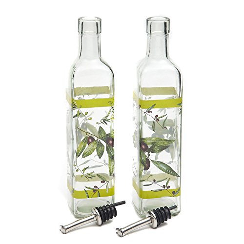 Olive Oil Bottle Set Glass Dispenser Vinegar Cruet 17oz. with Stainless Steel Leak Proof Pourer Spout for Cooking or Salad Dressing by CEDAR HOME, 2 Pack, Green - Thumbnail 5