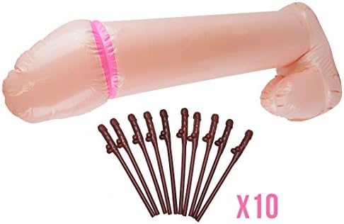 PartyFuFu Bachelorette Party Set Big Inflatable Pecker with Mixed Set of Black Pecker Straws