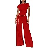 XXTAXN Women's Caual Fashion Crew Neck Short Sleeve Ruched Waist Backless Tie Wide Leg Long Pant One Piece Jumpsuit