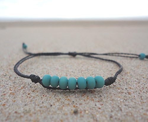 Sea StampedTurquoise Glass Bead Bracelet-Adjustable Waterproof, Wax Coated Bangle-Black Thread-Handmade Anklets with Turquoise Beads