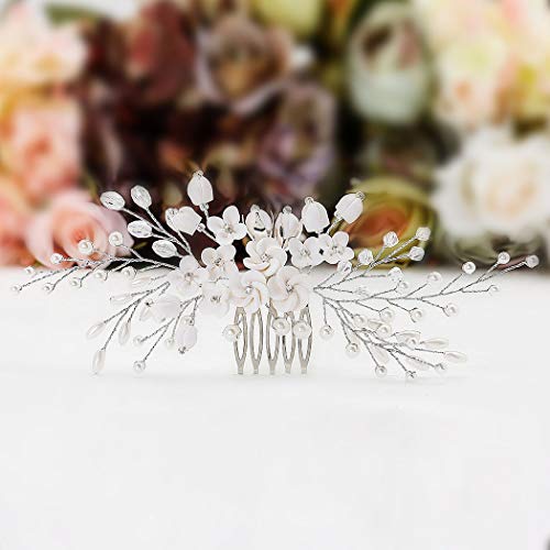 Barogirl Wedding White Flower Hair Comb Clip Crystal Bride Hair Piece Bridal Hair Accessories for Women
