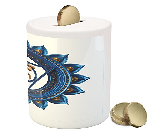 Chakra Piggy Bank by Ambesonne, Vintage Style Power Sign Graphic Sacred Center of Vital Energy Cosmos Yoga Meditation, Printed Ceramic Coin Bank Money Box for Cash Saving, Blue Gold