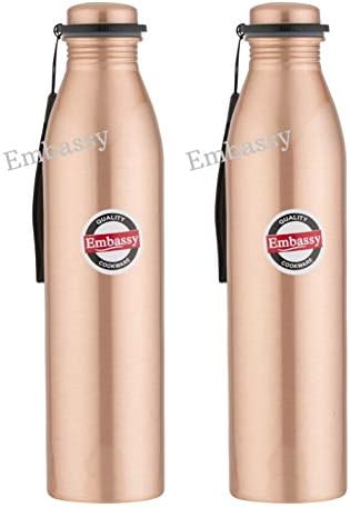 Embassy Premium Copper Water Bottle, Plain, 1000 ml, Pack of 2 - Leak-Proof, Jointless and Pure Copper