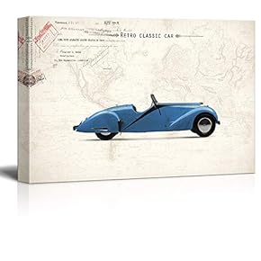 Canvas Wall Art - Classic Vintage Blue Car on Retro Style Background - Giclee Print Gallery Wrap Modern Home Art Ready to Hang - 12x18 inches