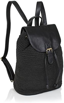 Slouchy Crocheted Boho Backpack, Stylish Crochet Bag with Faux Leather Trim for School (BLACK)
